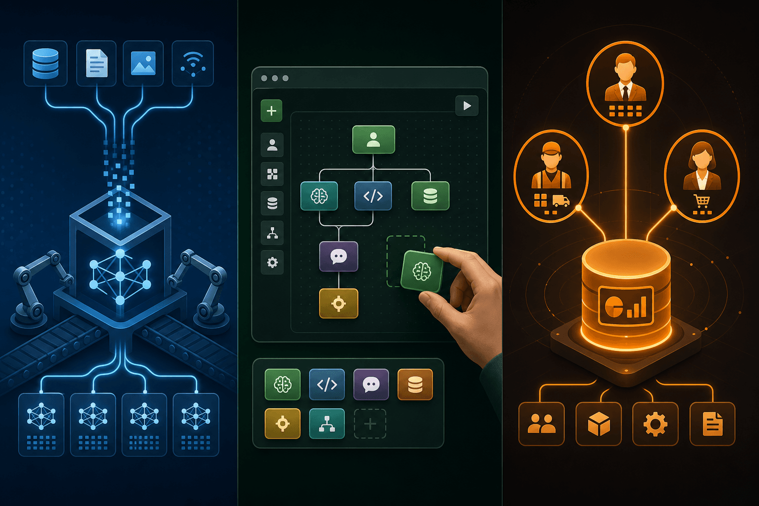 Three-column illustration comparing Blue Yonder's neural network training pipeline, Manhattan's no-code agent builder, and Oracle's pre-built role-based agentic apps connected to an ERP core.