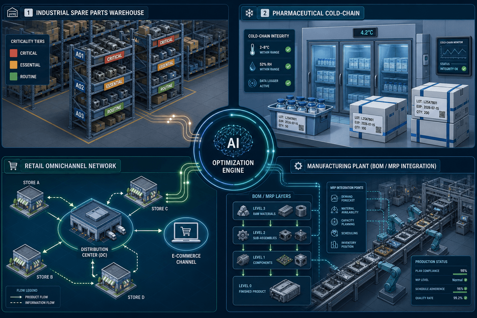 Four-quadrant technical illustration showing AI-driven MEIO applied across spare parts, pharmaceutical, retail omnichannel, and manufacturing environments, connected by a central optimization engine node