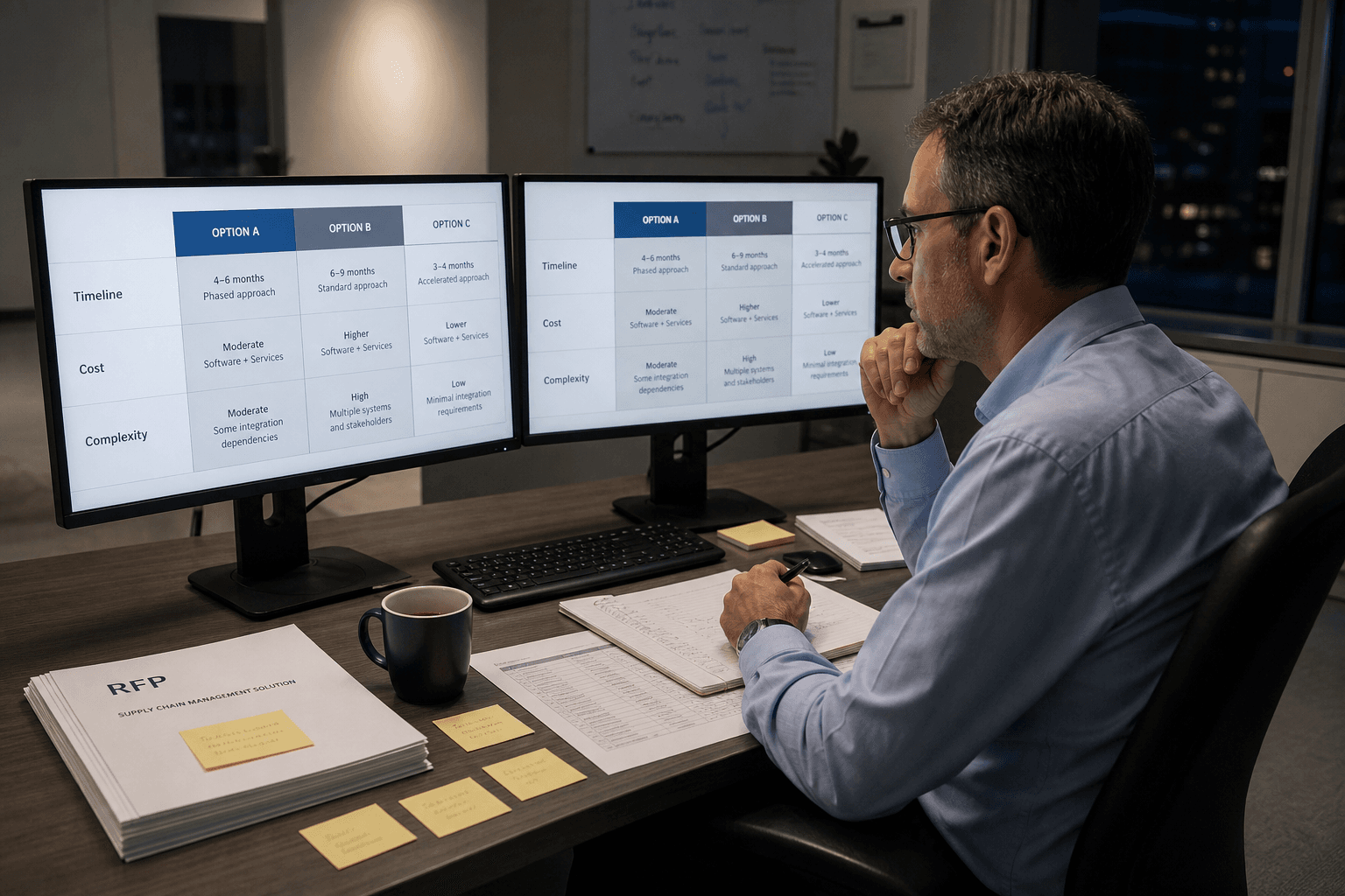 A supply chain program lead reviews a three-column comparison matrix on dual monitors in a late-evening corporate office, with printed RFP documents and sticky notes on the desk.