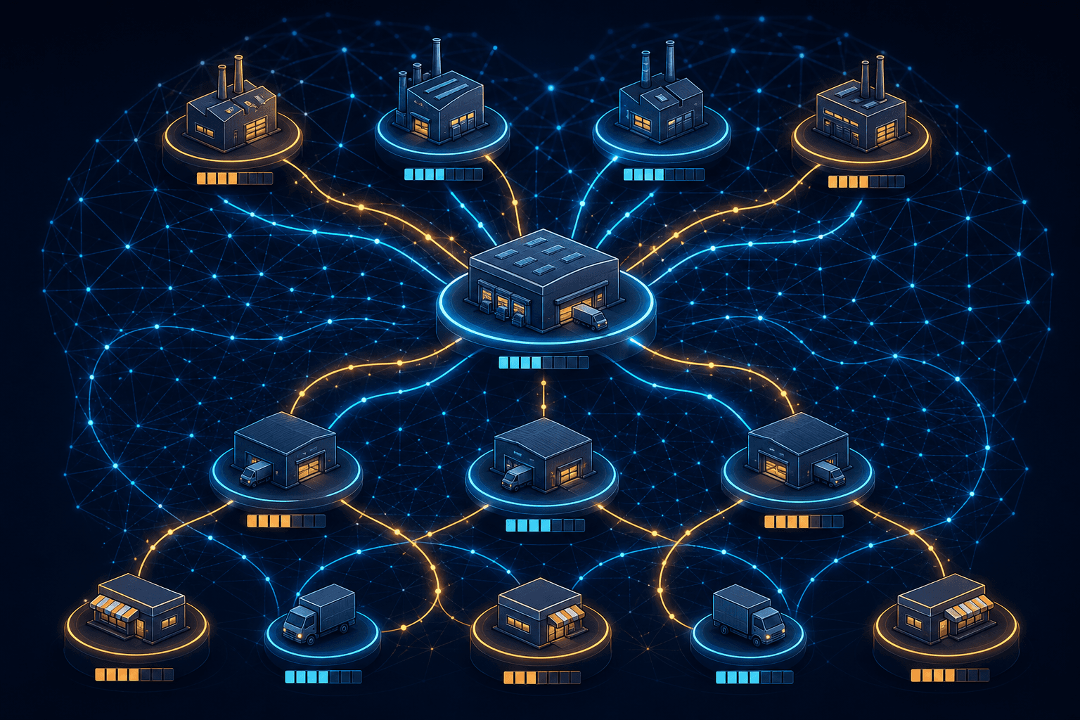 Four-tier supply chain network diagram showing factory, central DC, regional warehouses, and retail endpoints connected by glowing amber and cyan data flow lines with an AI mesh overlay spanning all echelons.