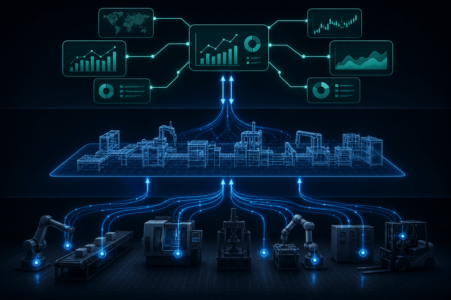 Layered architecture diagram showing three tiers: factory floor OT layer with IoT sensor nodes at the bottom, digital twin mesh model in the middle, and APS/IBP enterprise planning nodes at the top, connected by bidirectional data flow arrows.