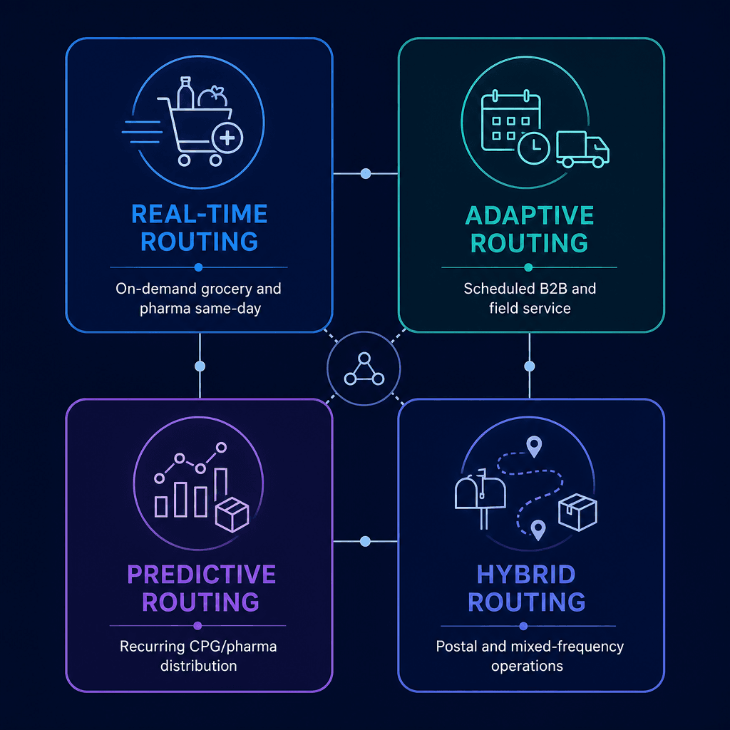 2x2 grid diagram showing four routing archetype zones: real-time, adaptive, predictive, and hybrid