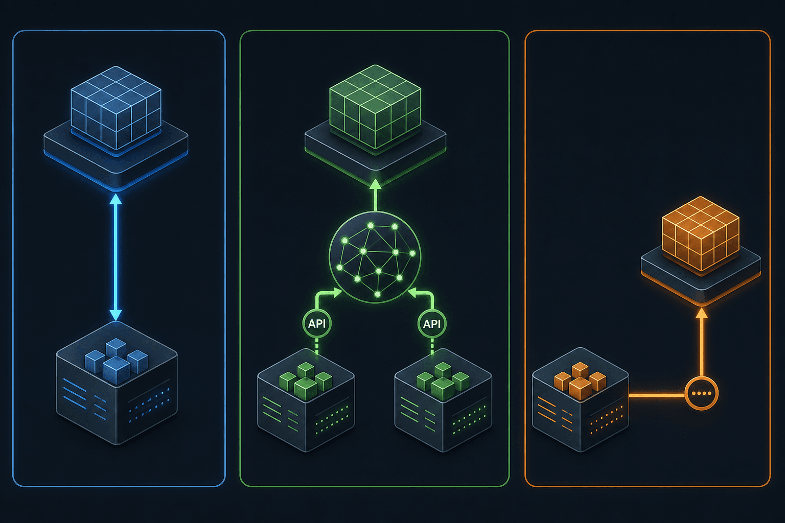 Three ERP integration topology models: native tight coupling for SAP IBP, graph-layer multi-ERP hub for o9, and API-connected bridge for Kinaxis