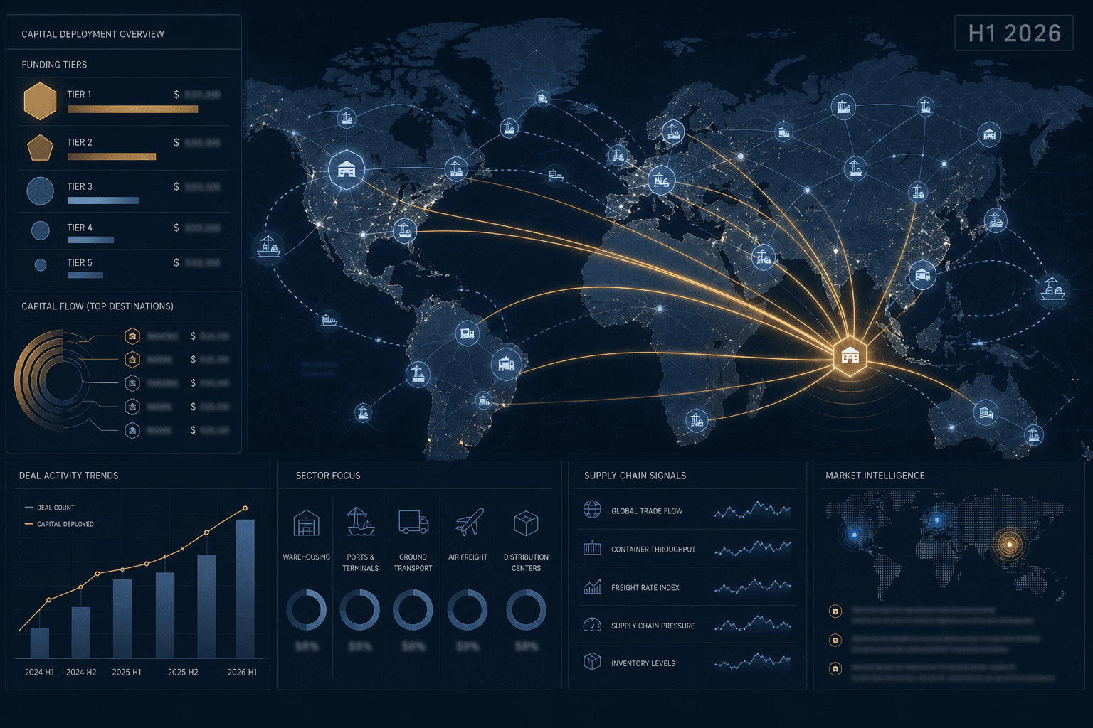 A dark-toned editorial visualization of a global supply chain network with glowing nodes and semi-transparent financial data card panels, showing capital concentration across operational hubs with an H1 2026 label.