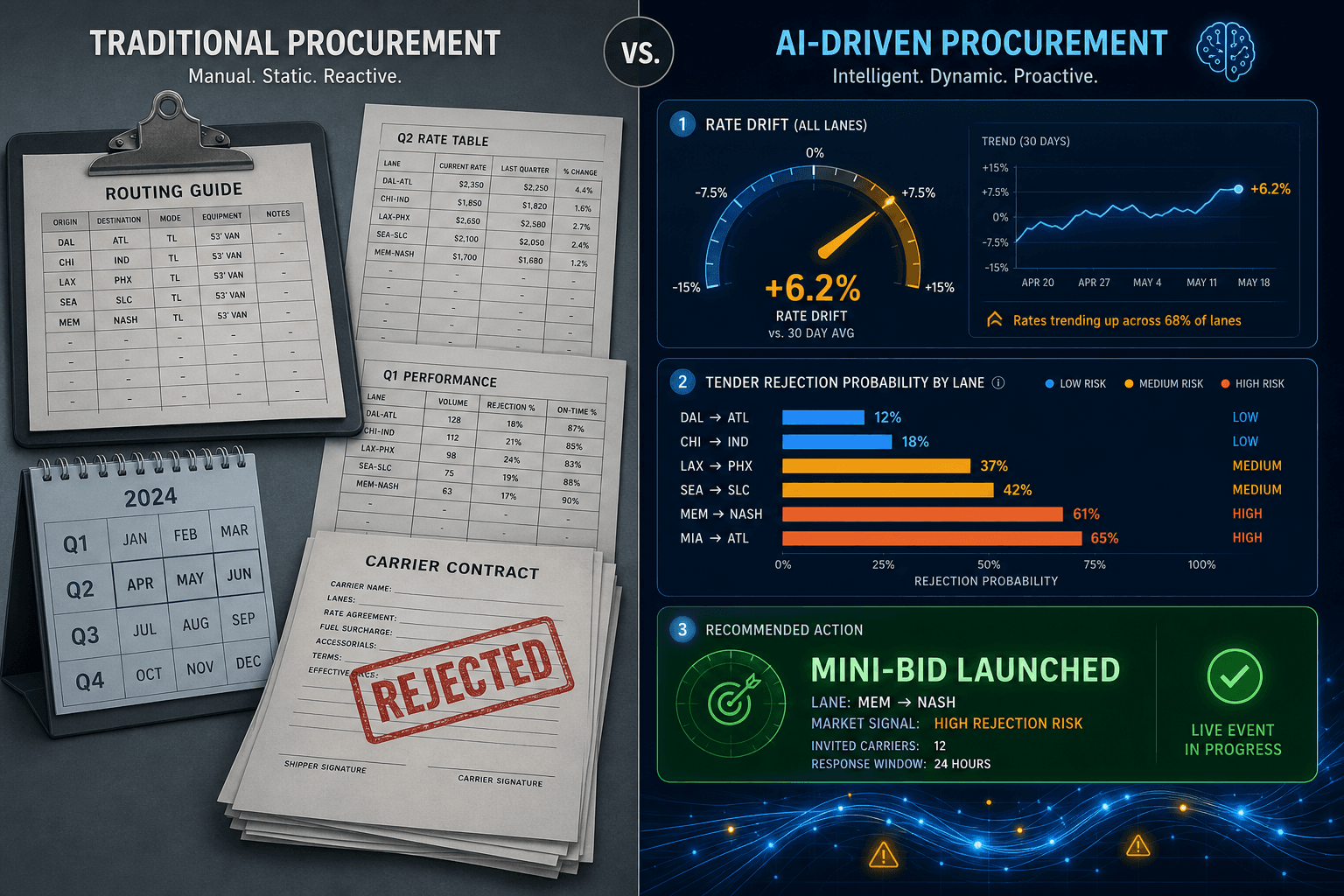 Split-screen illustration contrasting paper-based freight procurement with a live AI analytics dashboard showing rate drift, tender rejection probability by lane, and an automated mini-bid action card.