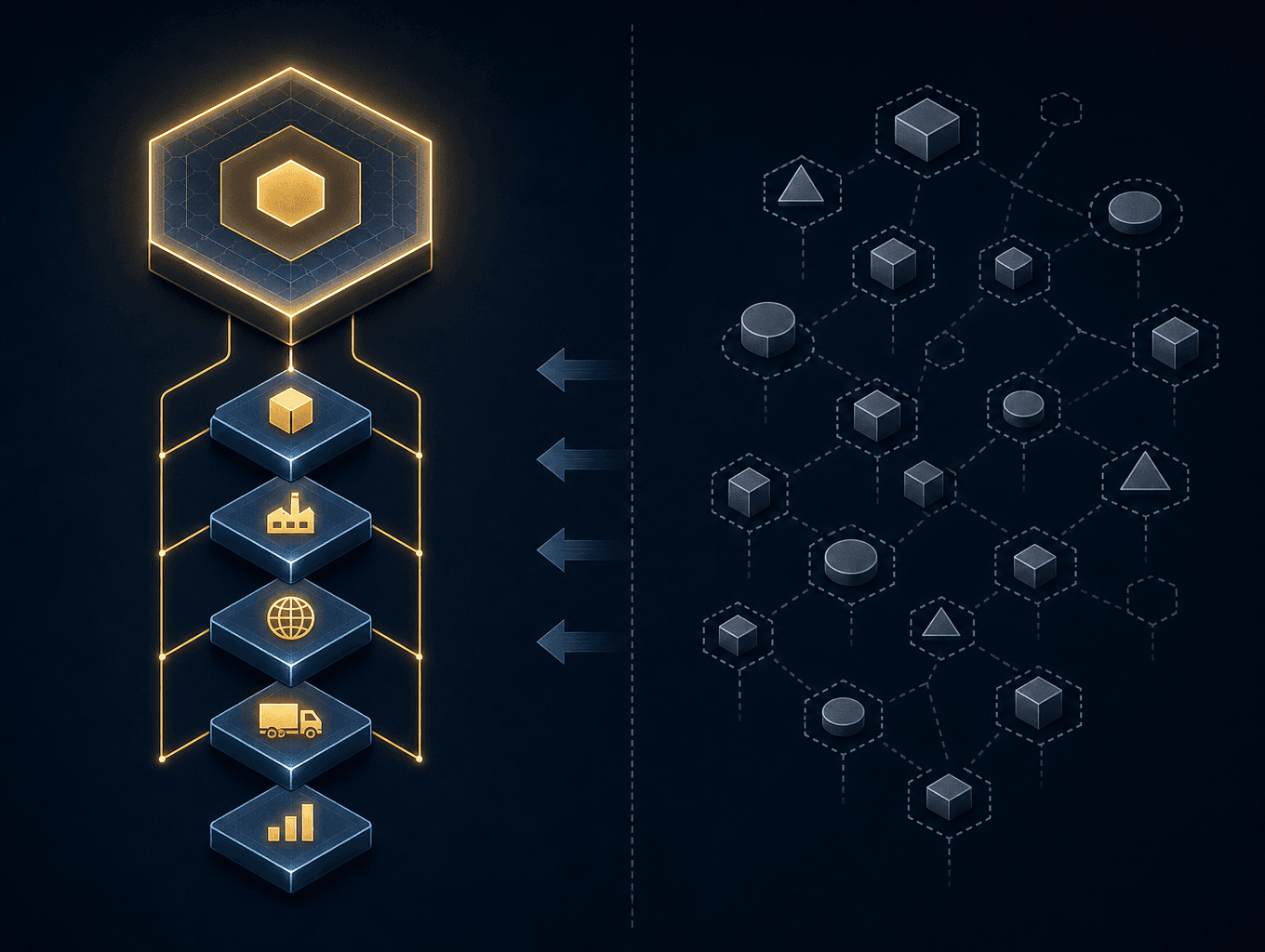 A dark-background editorial diagram showing two contrasting columns of supply chain software vendor archetypes — well-capitalized platforms on the left connected to a stable hub structure, and fragmented smaller vendors on the right with dashed outlines suggesting consolidation risk.