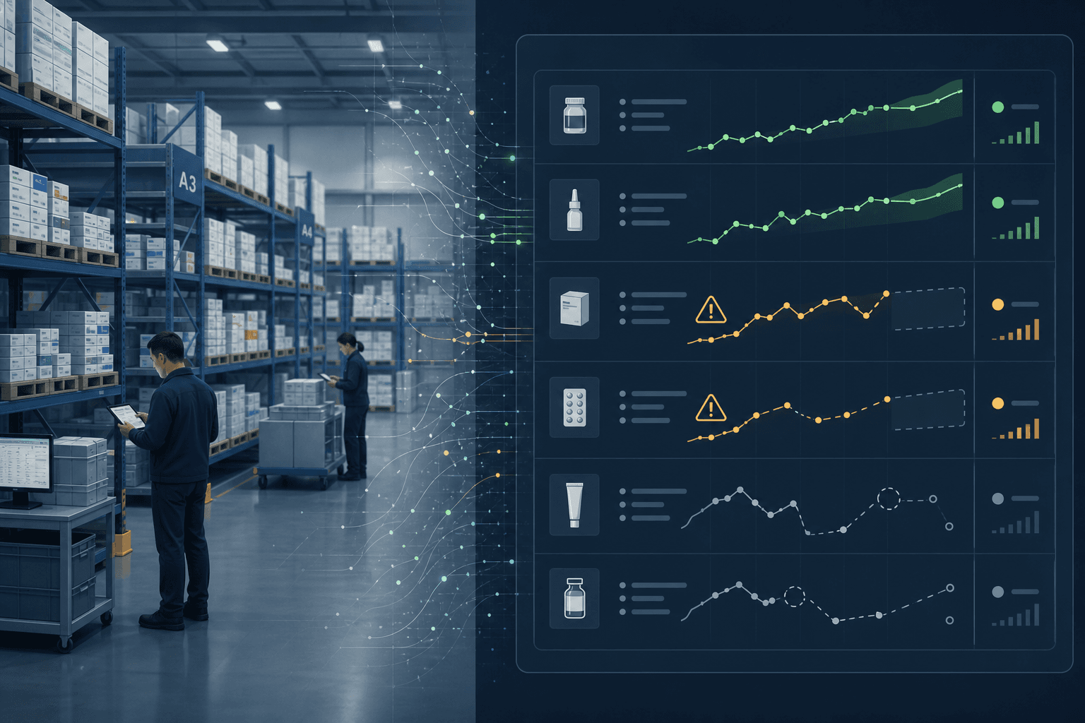 Split-view illustration of a pharmaceutical distribution warehouse alongside an AI demand planning dashboard showing mixed performance across product categories.