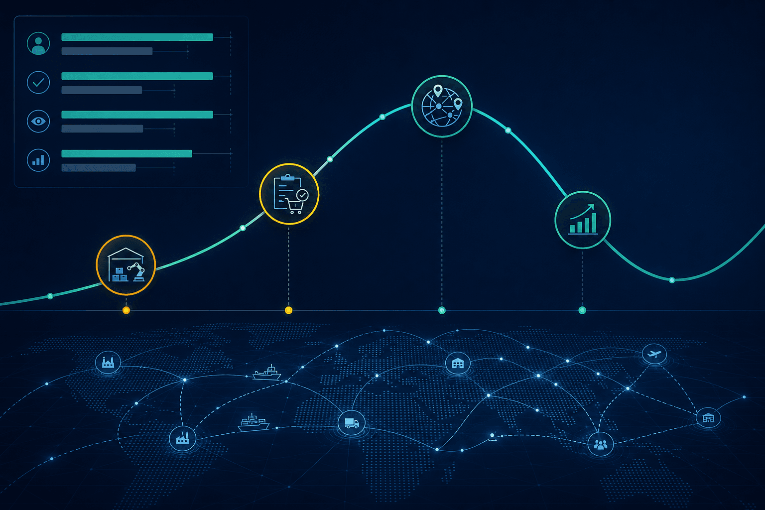 Dark navy editorial dashboard showing a teal S-curve maturity arc with four supply chain function icons positioned at different maturity stages, color-coded in amber, yellow, and teal-green.