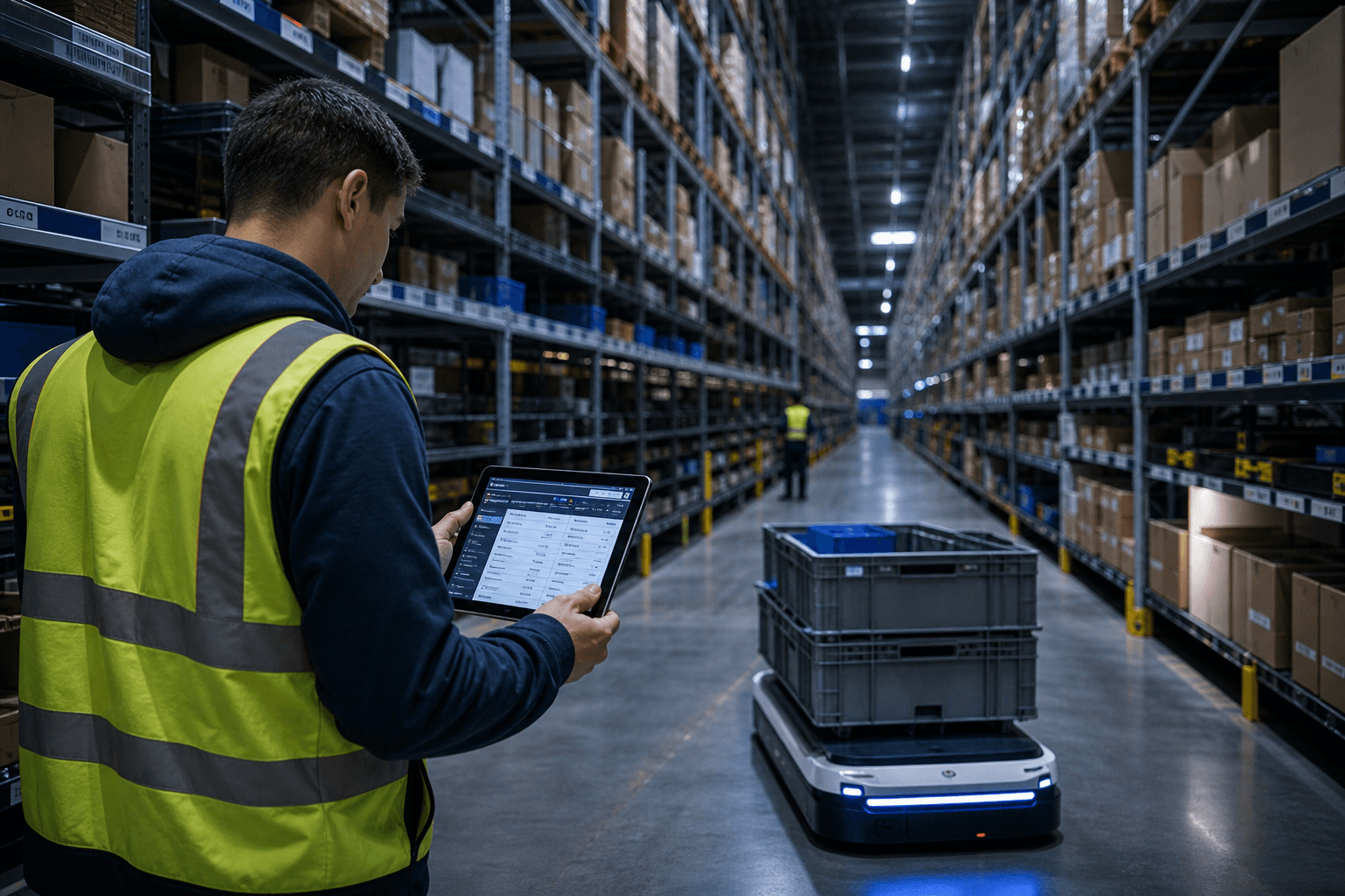 Wide-angle view of a large-scale warehouse distribution center with tall shelving racks, a worker holding a tablet showing real-time task data, and an autonomous mobile robot traveling the same aisle.