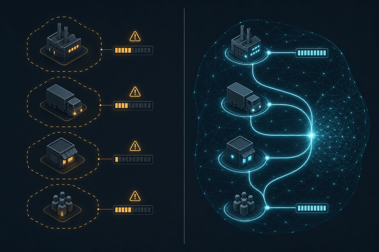 Two-panel diagram contrasting siloed per-echelon inventory decisions with amber warning indicators on the left, against a unified AI-optimized network with synchronized inventory bars and cyan connectivity lines on the right.
