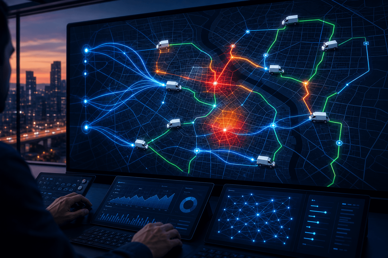 AI-powered logistics dispatch environment showing dynamic route recalculation on a city grid map with traffic congestion zones and delivery vehicle icons