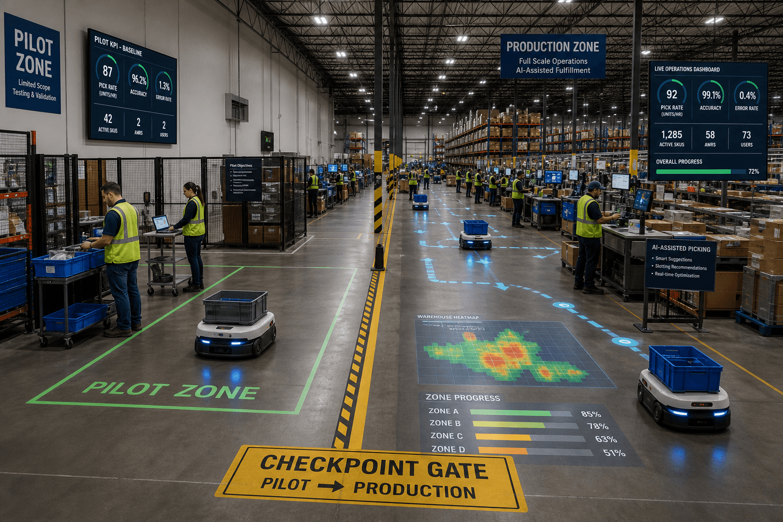 A wide warehouse floor split into two zones by a visible threshold checkpoint line, showing a contained pilot zone on the left and a full-scale production environment on the right with workers, AMRs, and floor-level dashboards.