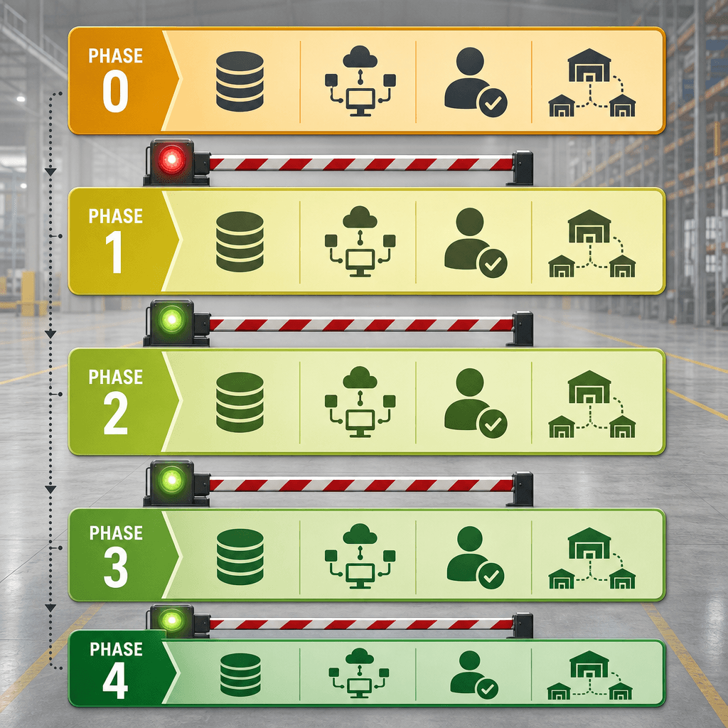 A vertical phase-gate framework diagram showing five horizontal phase bands from Phase 0 through Phase 4 with go/no-go checkpoint indicators between each phase.