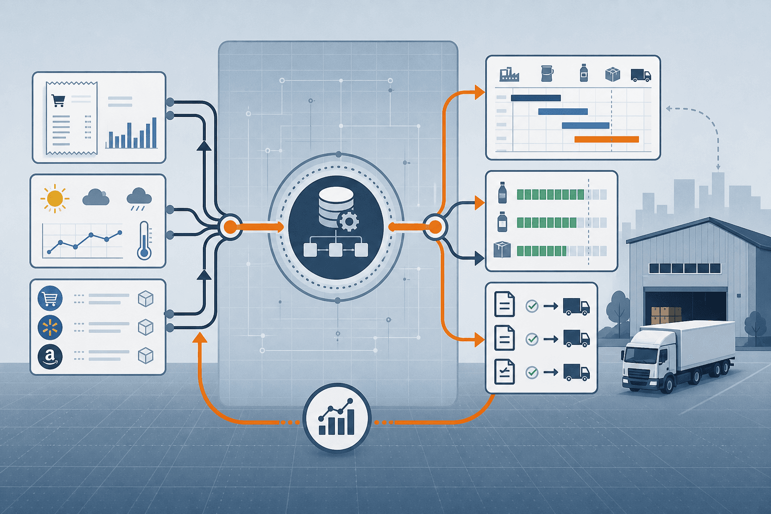 Infographic showing demand data inputs flowing through a central integration hub to production scheduling outputs including manufacturing schedules, inventory levels, and dispatch orders