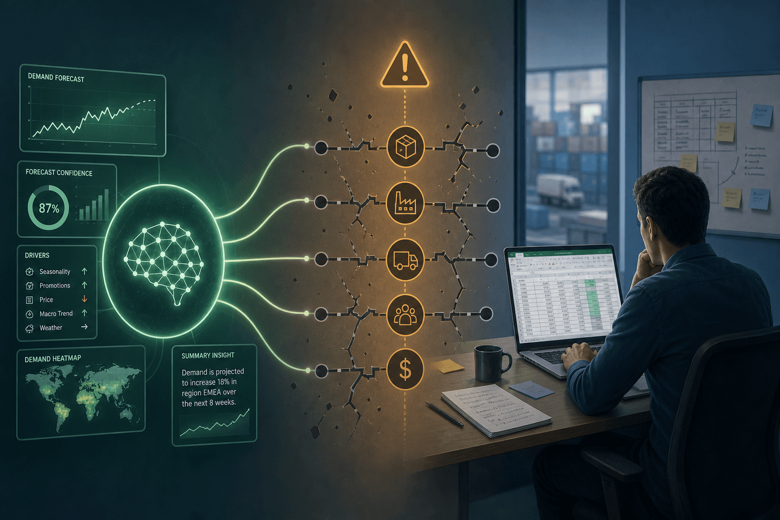 Illustration showing an AI forecast node on the left, a fragmented connector layer in the center with broken links, and a human planner working on a spreadsheet on the right.