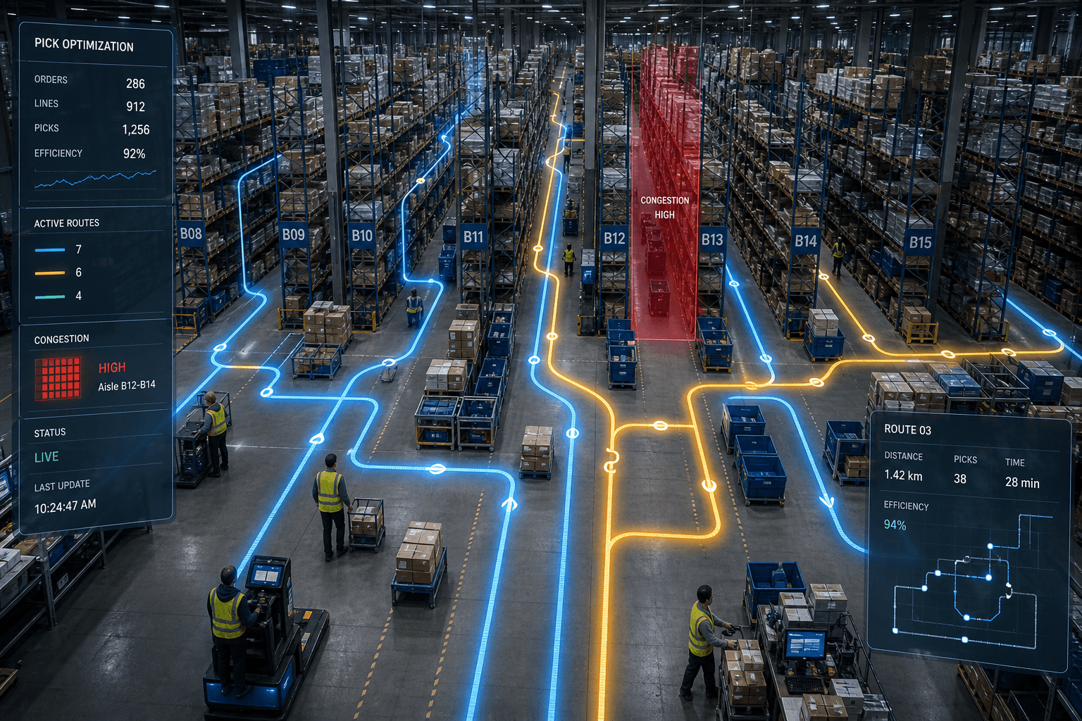 Elevated interior view of a large active warehouse distribution center with long parallel picking aisles, tall metal racking, and multiple workers in motion, with a semi-transparent digital overlay showing branching route lines in blue and amber tracing optimized pick paths through the aisles.