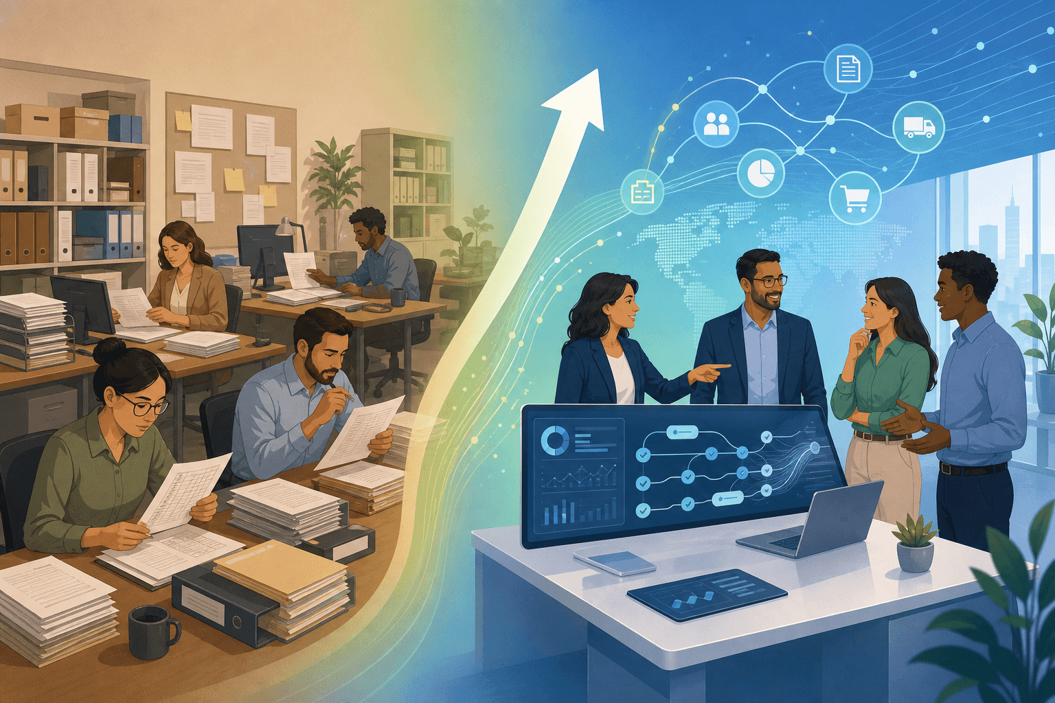 Split-composition illustration showing procurement team transformation from manual workflows on the left to AI-assisted strategic oversight on the right.