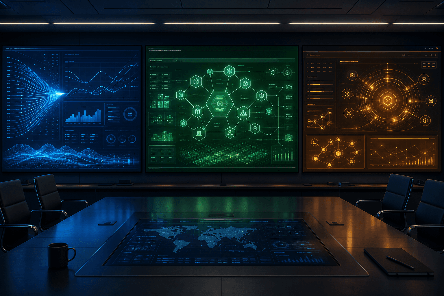 Enterprise operations war-room with three large wall-mounted display panels representing three supply chain platforms in distinct colors — blue, green, and amber-orange.