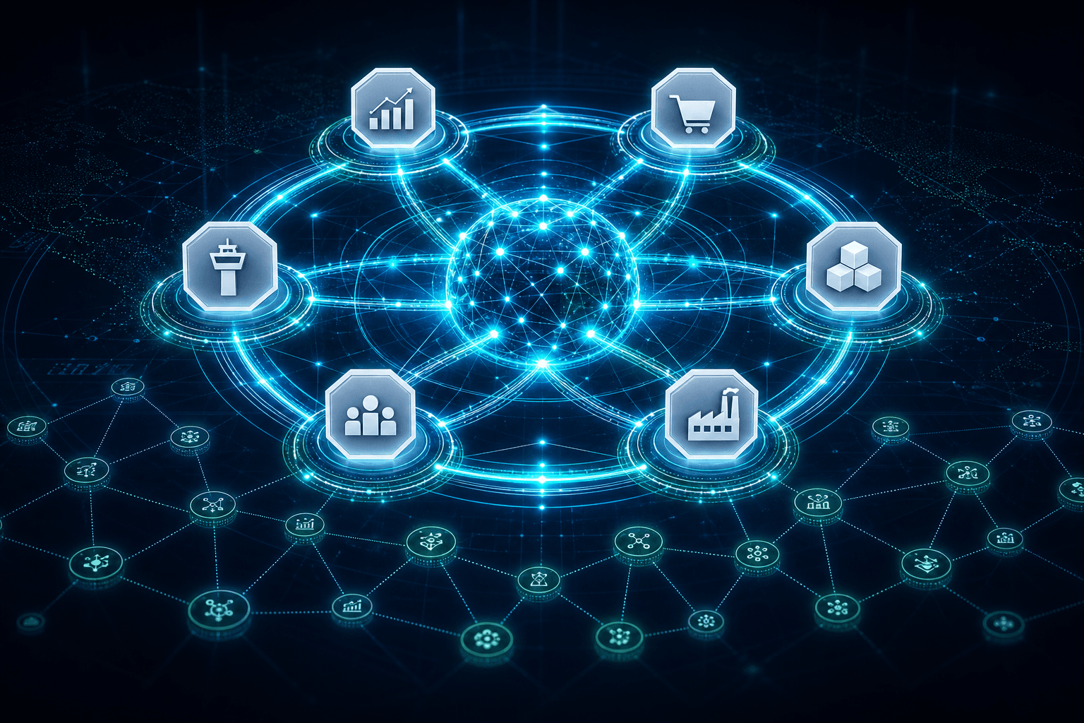 Luminous synchronized orbital mesh hub with supply chain function nodes connected by glowing electric cyan and teal data pathways on a deep midnight blue background, evoking real-time concurrent planning and agentic AI workflow chains.