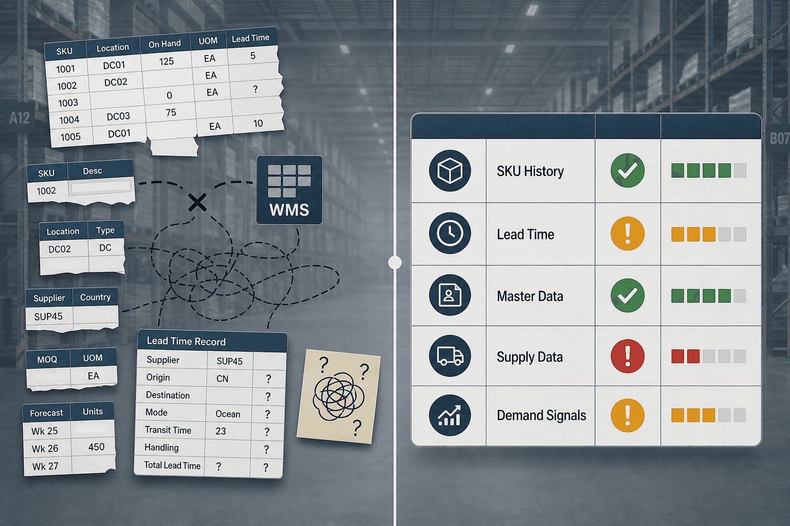 Split-composition diagram contrasting fragmented supply chain data on the left with a structured five-row readiness scorecard on the right, showing SKU History, Lead Time, Master Data, Supply Data, and Demand Signals dimensions with green, amber, and red readiness indicators against a warehouse backdrop.